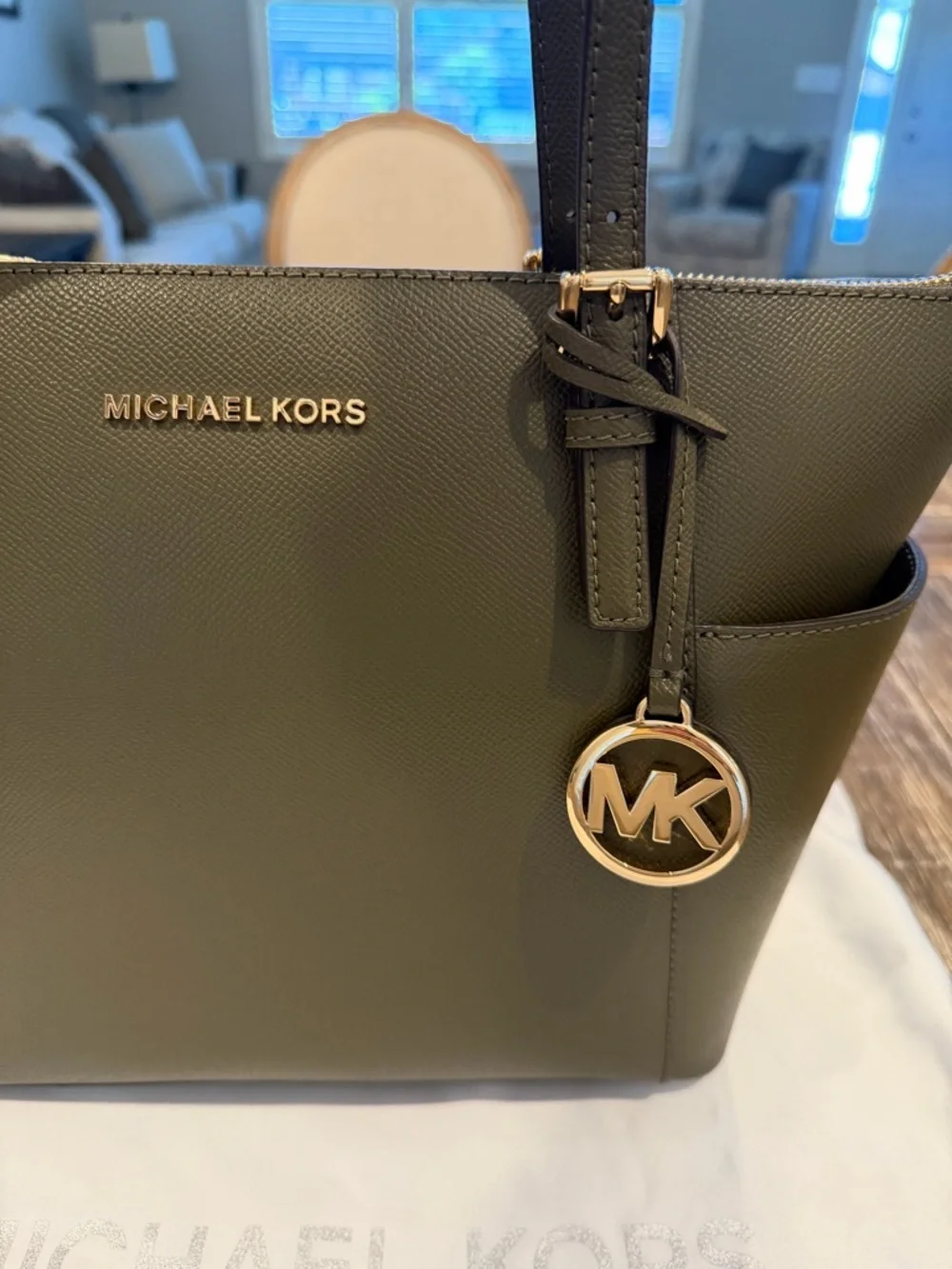 Michael Kors Dark Olive Saffiano Leather Tote with Gold Logo Charm - Picture 4 of 16